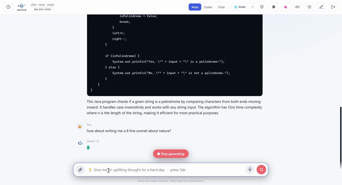 The Genie interface generating and explaining Java code, running locally with no cloud call.