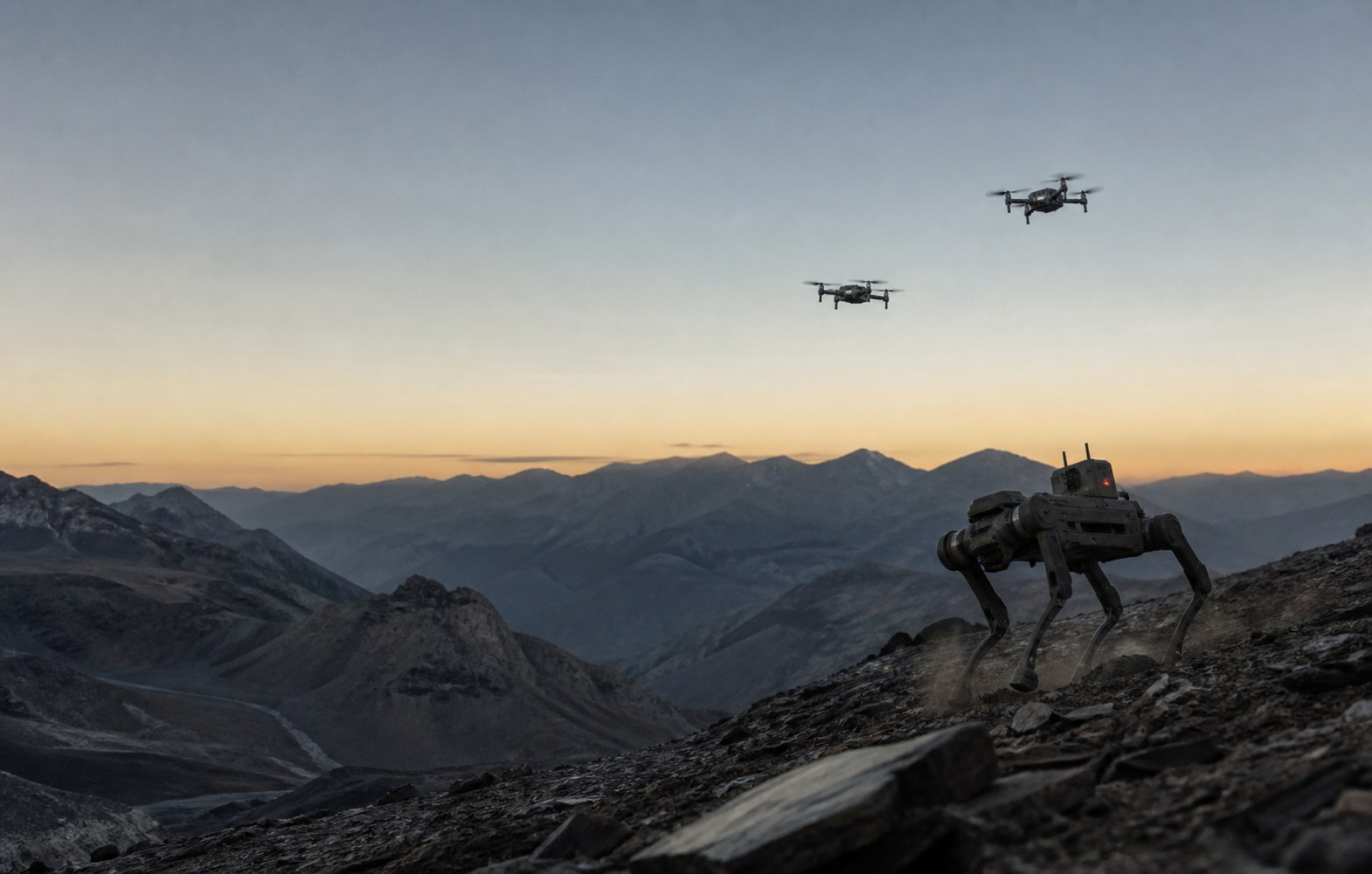 Editorial illustration of a quadruped robot and two coordinated drones operating in remote mountain terrain at dawn.